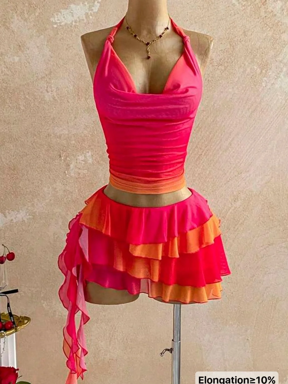 Hot Pink & Orange Ruffle Halter Two-Piece Set